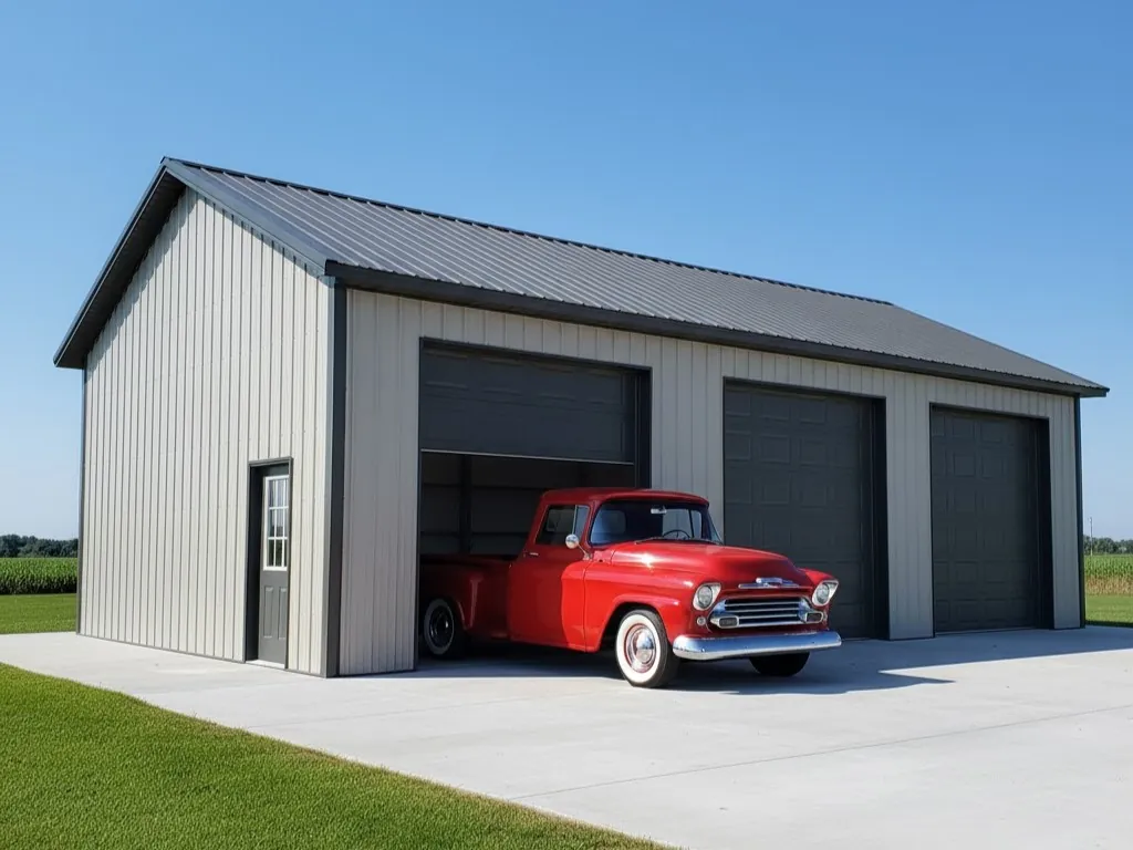 Custom metal building with a walk-in door and three overhead doors