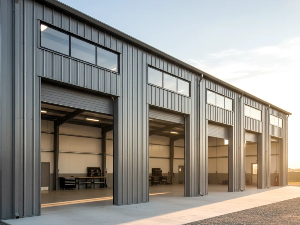 Gray metal shop building with five tall overhead doors