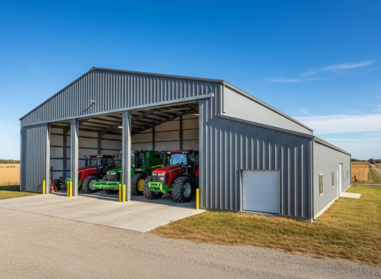 Steel equipment storage building with green tractors parked inside