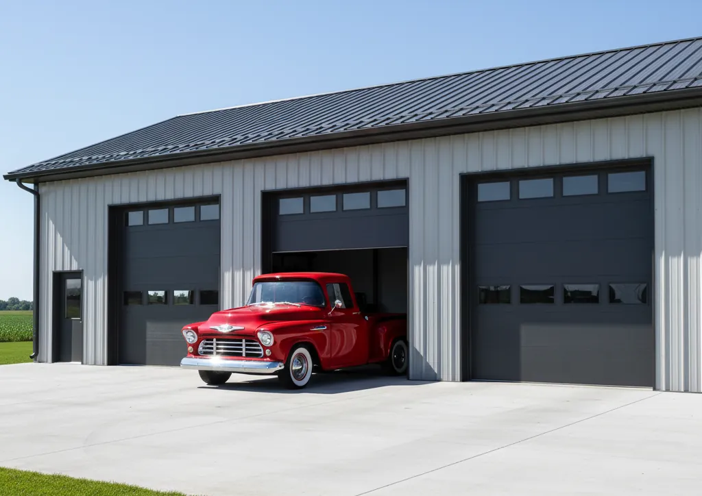Three-bay steel garage with a classic red pickup inside