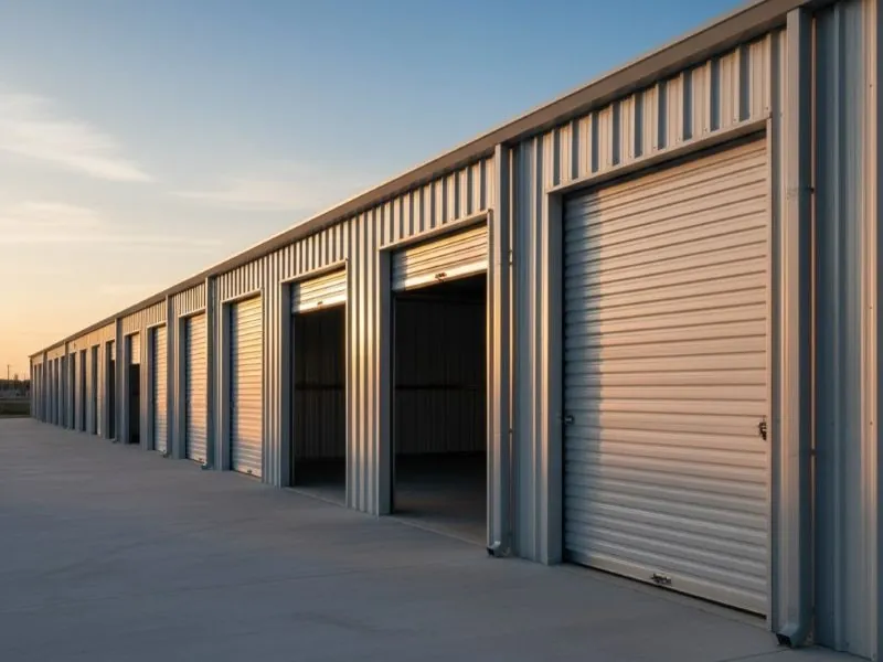 Row of steel self-storage units with roll-up doors